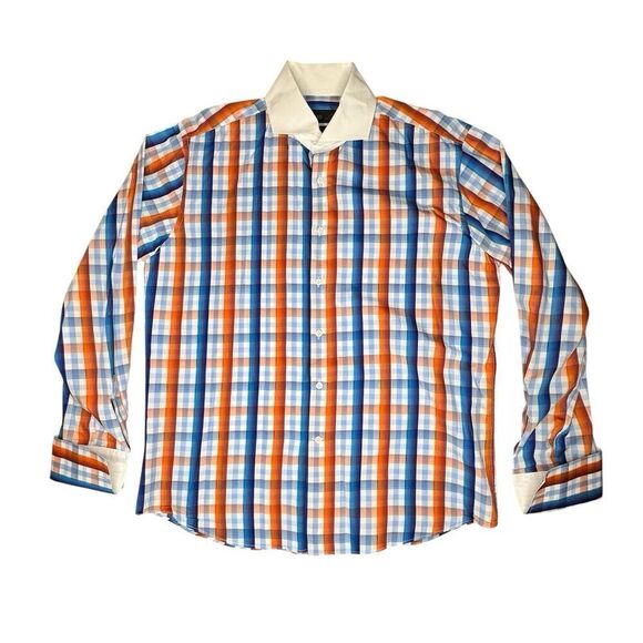 Tiglio Luxe Doppio Ritorio Sz 17 34/35 Cotton Button Shirt Blue Red Orange Plaid - Picture 1 of 11